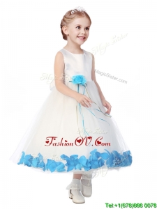Perfect Scoop Birthday Party Dress with Aqua Blue Hand Made Flowers