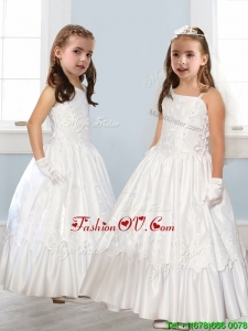 Discount Asymmetrical Neckline White Flower Girl Dress with Appliques