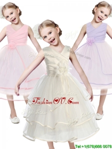 Fashionable V Neck Cheap Flower Girl Dress with Hand Made Flowers and Ruffled Layers