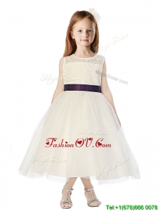 See Through Scoop Belt and Lace Flower Girl Dress in Champagne