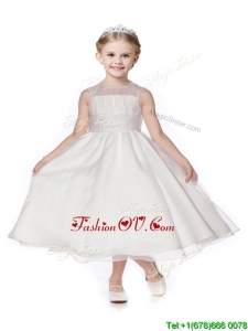 See Through Scoop Organza White Flower Girl Dress in Tea Length