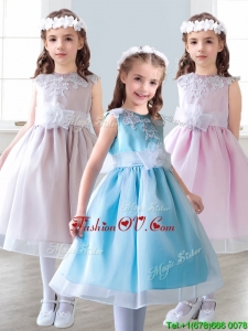 Elegant Scoop Tea Length Little Girl Pageant Dress with Appliques and Hand Made Flowers