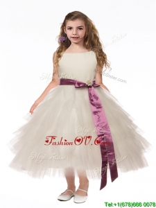 Lovely Scoop White Little Girl Pageant Dress with Bowknot and Ruffled Layers