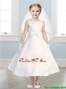 Simple Scoop Satin Bowknot Flower Girl Dress in White