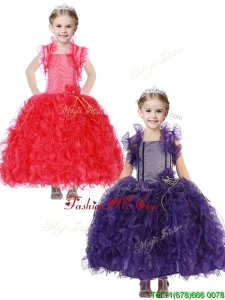 Inexpensive Straps Little Girl Pageant Dress with Hand Made Flowers and Ruffles