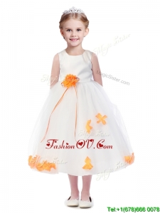 Popular Scoop Little Girl Pageant Dress with Orange Red Hand Made Flowers