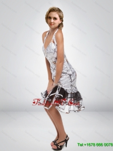 Simple Column Halter Top Tea Length Camo Prom Dress with Ruffled Layers