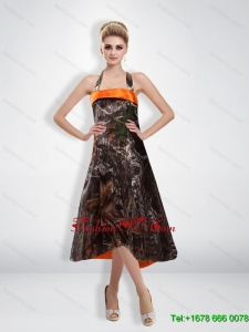 Romantic 2015 Empire Halter Camo Prom Dress with Tea Length