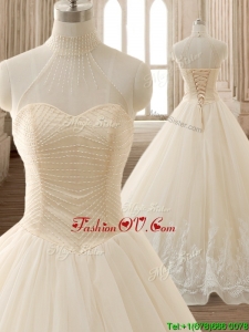 See Through High Neck Champagne Quinceanera Dress with Beading and Appliques