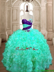 Wonderful Beaded and Ruffled Quinceanera Dress in Turquoise for Spring
