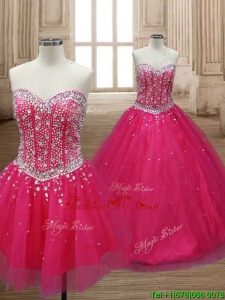 Wonderful A Line Hot Pink Detachable Quinceanera Dress with Beading