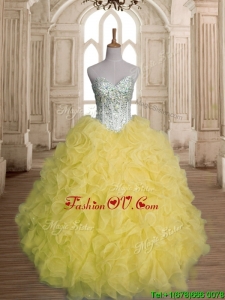 Discount Beaded and Ruffled Organza Quinceanera Dress in Yellow