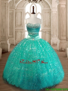 Perfect Really Puffy Sequined Quinceanera Gown in Turquoise