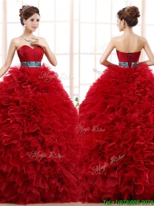 Luxurious Sashed and Ruffled Sweet 16 Dress in Wine Red