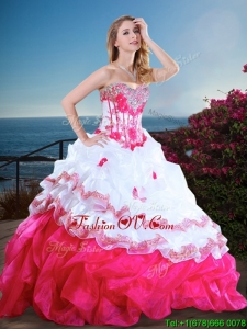 Visible Boning Beaded and Ruffled Quinceanera Gown in Hot Pink and White