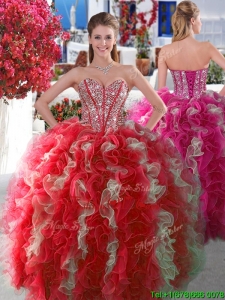 Visible Boning Beaded and Ruffled Quinceanera Gown in Red and White