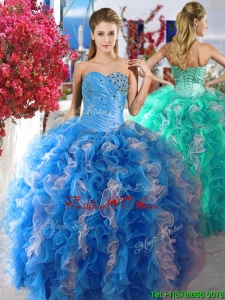 Luxurious Beaded and Ruffled Organza Quinceanera Dress in Blue and White