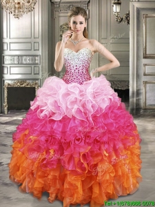 Fashionable Beaded Bodice and Ruffled Quinceanera Dress in Gradient Color