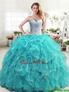 Inexpensive Beaded and Ruffled Turquoise Quinceanera Dress in Organza