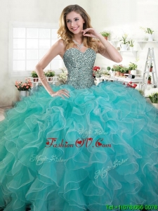 Lovely Turquoise Organza Quinceanera Dress with Beading and Ruffles