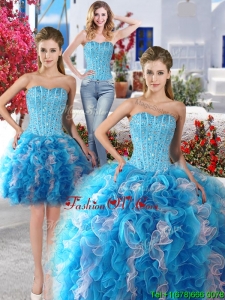 Exquisite Baby Blue and White Detachable Sweet 16 Dresses with Beading and Ruffles