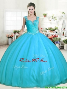 Affordable Aqua Blue Tulle Quinceanera Dress with Beading