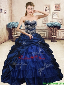 Luxurious Navy Blue Brush Train Quinceanera Dress with Beading and Pick Ups