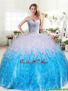 Cheap Beaded and Ruffled Quinceanera Dress in Blue and White