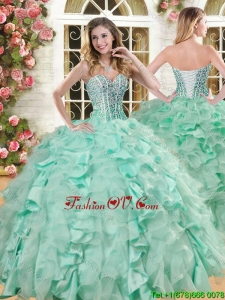 Lovely Big Puffy Apple Green Quinceanera Gown with Beading and Ruffles