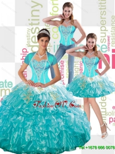 2015 Summer Gorgeous Beaded Aqua Blue Quinceanera Dress with Ruffled Layers and Appliques