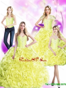 Affordable 2015 Summer Yellow Quinceanera Dresses with Rolling Flowers and Beading