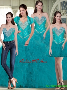 2015 Fall Luxurious Sweetheart Quinceanera Dresses with Beading and Ruffles in Turquoise