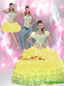 2015 Winter Beautiful Yellow Quinceanera Dresses with Beading and Pick Ups