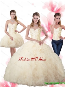 Elegant Beaded Sweetheart Champagne Quinceanera Dresses with Ruffles For 2015 Summer