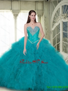 2015 Summer Elegant Ball Gown Quinceanera Dresses with Beading and Ruffles in Turquoise