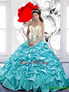 2015 Summer Elegant Pick Ups and Beaded Quinceanera Dresses with Hand Made Flowers
