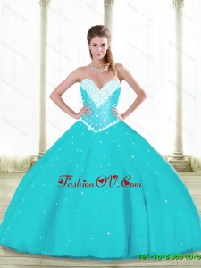 2015 Summer Prefect Aqua Blue Quinceanera Dresses with Beading and Ruffles