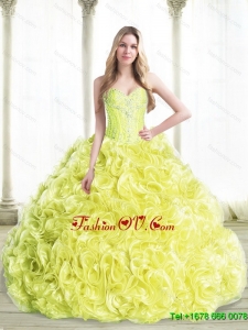 Prefect Beaded Quinceanera Dresses with Rolling Flowers in Yellow For 2015 Summer
