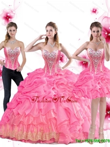 New Style Rose Pink Sweet Sixteen Dress with Beading and Pick Ups For 2015 Summer