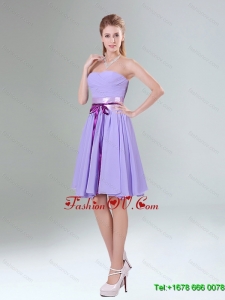 Top Seller Lavender Ruched Mini Length Dama Dress with Bowknot Sash