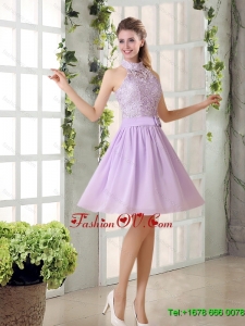 2015 High Neck Lilac A Line Lace Dama Dress Chiffon