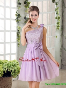 2015 One Shoulder Lilac Dama Dress with Bowknot