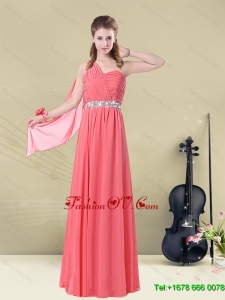 2015 One Shoulder Beaded Long Dama Dress with Ruches