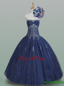 Custom Made Ball Gown Strapless Beaded Quinceanera Dresses in Navy Blue