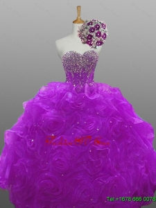 2015 Custom Made Quinceanera Dresses with Beading and Rolling Flowers