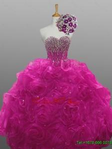 2015 Real Sample Sweetheart Beaded Quinceanera Dresses with Rolling Flowers
