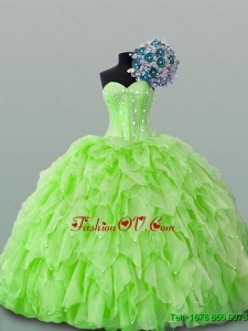 2015 Real Sample Sweetheart Yellow Green Beading Quinceanera Dresses with Ruffles