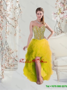 2016 Classical High Low Sweetheart Yellow Prom Dresses with Beading and Ruffles