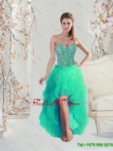 Comfortable High Low Beaded and Ruffles Apple Green Prom Dresses for 2016