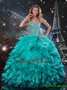 Classical Brush Train Turquoise Quinceanera Dresses with Beading and Ruffles